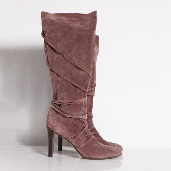 KURT GEIGER Dusty Rose Suede Leather Knee High Boot Strappy Heels - Picture 1 of 4